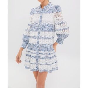 HYACINTH HOUSE
Lace Trim Blue Etched Floral Emmie Mini Dress
